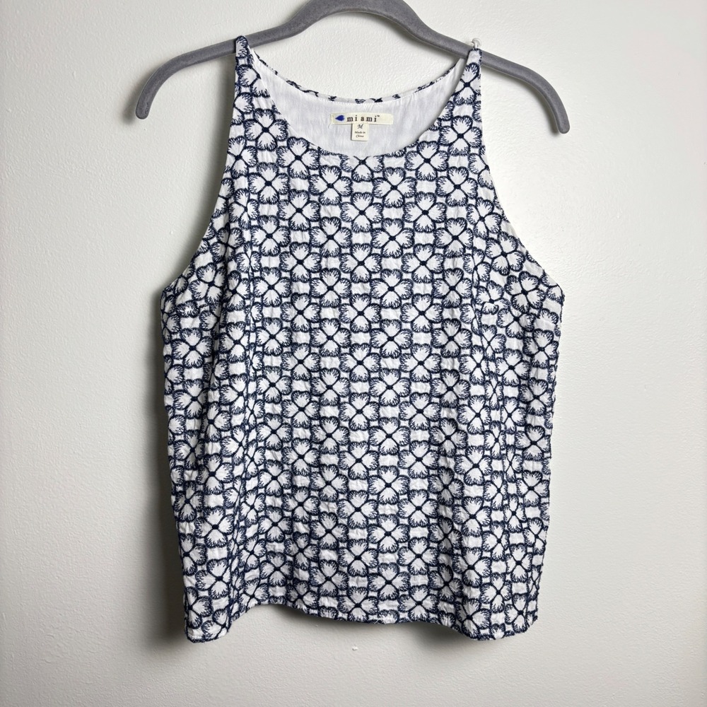 Navy White Floral Embroidered Tank Top Womens M Cotton Coastal Preppy Summer
